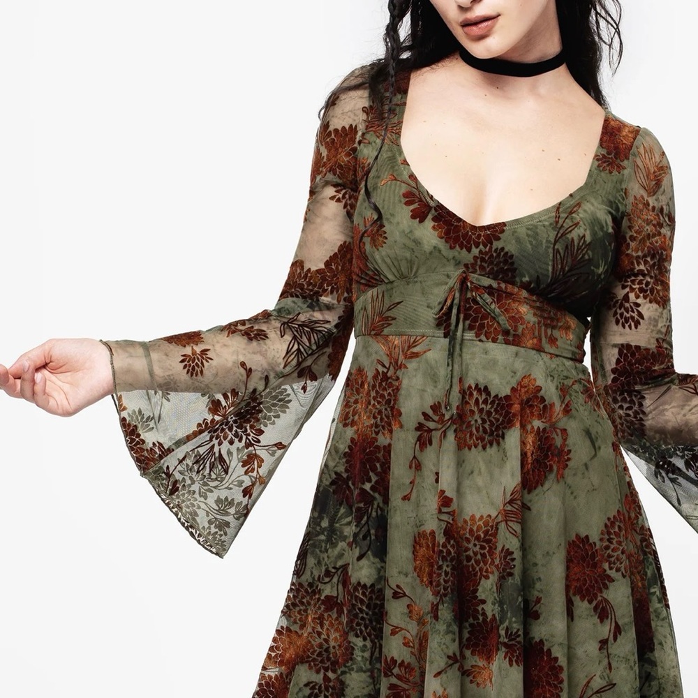 Rosaleigh Flock Velour Mesh Flare Sleeve Mini Dress Disturbia US8
